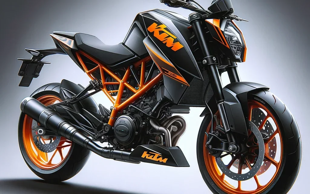 Image of a KTM 125 Duke motorcycle. The bike showcases sharp lines and a sporty stance, emphasizing its performance-oriented design. The color scheme