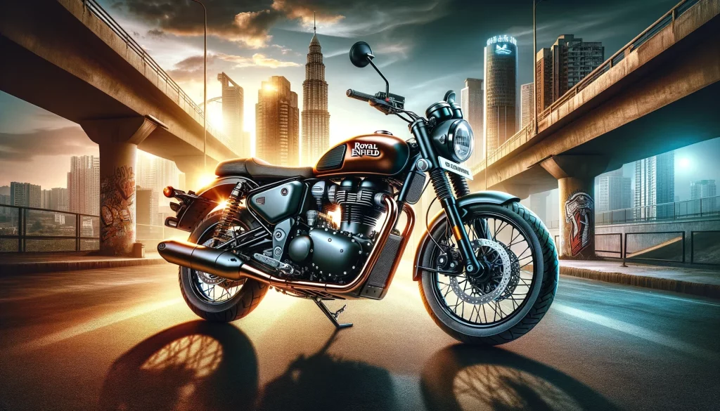An image of the Royal Enfield Shotgun 650 motorcycle against an attractive and dynamic background. The motorcycle is positioned in a striking and stylish manner