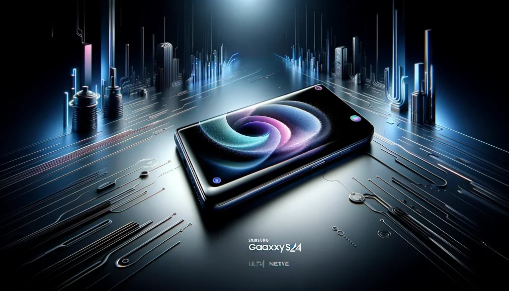 An elegant and sophisticated banner image for a tech blog, featuring the Samsung Galaxy S24 Ultra. The phone is depicted in a sleek, modern environment
