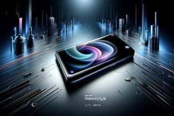 An elegant and sophisticated banner image for a tech blog, featuring the Samsung Galaxy S24 Ultra. The phone is depicted in a sleek, modern environment