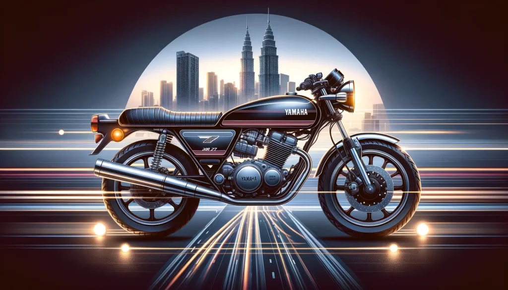 a modern and classic fusion design of the Yamaha RX 100 2023 motorcycle. The bike features a sleek, retro-inspired body with a teardrop-shaped fuel tank