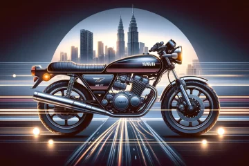 a modern and classic fusion design of the Yamaha RX 100 2023 motorcycle. The bike features a sleek, retro-inspired body with a teardrop-shaped fuel tank